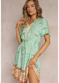 Zielona Rozkloszowana Sukienka Mini z Krótkimi Rękawami i Sznurkiem w Pasie z Wiskozy Annese ze sklepu Renee odzież w kategorii Sukienki - zdjęcie 160315578