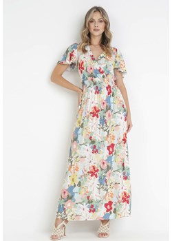 Biało-Niebieska Sukienka Maxi z Wiskozy w Kwiaty z Metalicznymi Kropkami z Gumką w Talii Tinna ze sklepu Born2be Odzież w kategorii Sukienki - zdjęcie 160410268