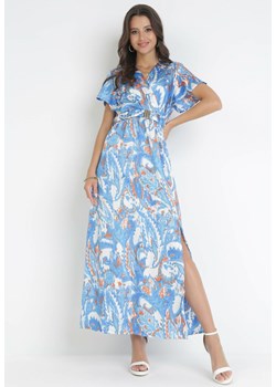 Niebieska Satynowa Sukienka Maxi z Kopertowym Dekoltem i Gumką w Pasie Posedana ze sklepu Born2be Odzież w kategorii Sukienki - zdjęcie 160410318