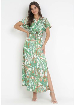 Zielona Satynowa Sukienka Maxi z Kopertowym Dekoltem i Gumką w Pasie Posedana ze sklepu Born2be Odzież w kategorii Sukienki - zdjęcie 160410328