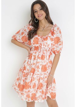 Pomarańczowa Sukienka Mini Hiszpanka z Gumką w Pasie w Kwiaty Nodovica ze sklepu Born2be Odzież w kategorii Sukienki - zdjęcie 160410368