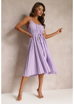 Fioletowa Letnia Sukienka Ozdobiona Plisowaniem i Wiązaniem w Pasie Aziel ze sklepu Renee odzież w kategorii Sukienki - zdjęcie 160427259