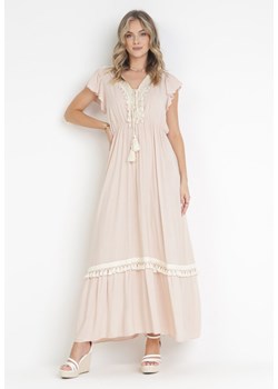 Beżowa Rozkloszowana Sukienka Maxi z Wiskozy i Wiązaniem przy Dekolcie Venali ze sklepu Born2be Odzież w kategorii Sukienki - zdjęcie 160488295