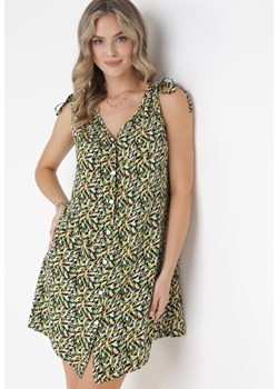 Zielono-Czarna Trapezowa Sukienka z Wiskozy ze Ściągaczami na Ramionach Dorthi ze sklepu Born2be Odzież w kategorii Sukienki - zdjęcie 160802387