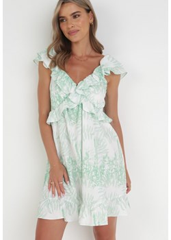 Zielona Sukienka Mini z Falbankami i Wiązaniem na Plecach Loronia ze sklepu Born2be Odzież w kategorii Sukienki - zdjęcie 160802578