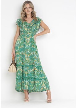 Zielona Rozkloszowana Sukienka Maxi z Marszczoną Gumką w Pasie i Falbanami z Wiskozy Wilsey ze sklepu Born2be Odzież w kategorii Sukienki - zdjęcie 160823027