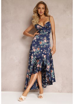 Granatowa Asymetryczna Sukienka Maxi na Cienkich Ramiączkach z Falbanką Leatra ze sklepu Renee odzież w kategorii Sukienki - zdjęcie 160823258