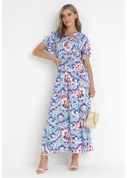 Niebieska Rozkloszowana Sukienka Maxi z Kopertowym Dekoltem i Gumkami w Pasie  Leonya ze sklepu Born2be Odzież w kategorii Sukienki - zdjęcie 160830536