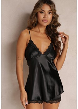 Czarny 2-częściowy Komplet Piżamowy Satynowy z Koronkowymi Wstawkami Civita ze sklepu Renee odzież w kategorii Piżamy damskie - zdjęcie 160830826