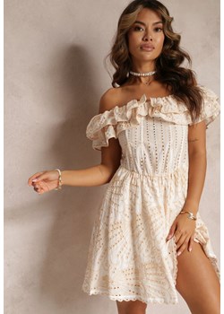 Beżowa Haftowana Sukienka Mini z Hiszpańskim Dekoltem i Gumką w Talii Nissi ze sklepu Renee odzież w kategorii Sukienki - zdjęcie 160830917