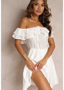 Biała Haftowana Sukienka Mini z Hiszpańskim Dekoltem i Gumką w Talii Nissi ze sklepu Renee odzież w kategorii Sukienki - zdjęcie 160830927