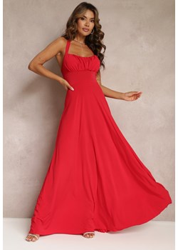Czerwona Długa Sukienka z Marszczonym Dekoltem i Wiązanymi Ramiączkami Rozvita ze sklepu Renee odzież w kategorii Sukienki - zdjęcie 160830955