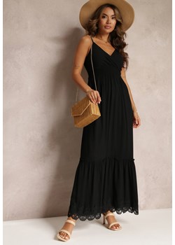 Czarna Rozkloszowana Sukienka Maxi na Cienkich Ramiączkach z Gumką w Talii i Kopertowym Dekoltem Onveva ze sklepu Renee odzież w kategorii Sukienki - zdjęcie 160886929
