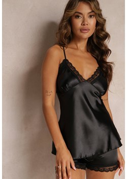 Czarny 2-częściowy Komplet Piżamowy Satynowy z Koronkowymi Wstawkami Loyma ze sklepu Renee odzież w kategorii Piżamy damskie - zdjęcie 160886948