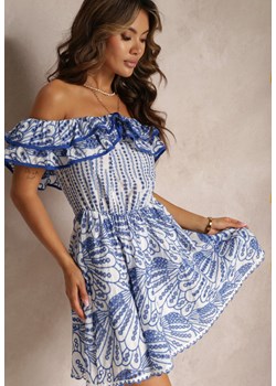 Niebieska Haftowana Sukienka Mini z Hiszpańskim Dekoltem i Gumką w Talii Nissi ze sklepu Renee odzież w kategorii Sukienki - zdjęcie 160887078