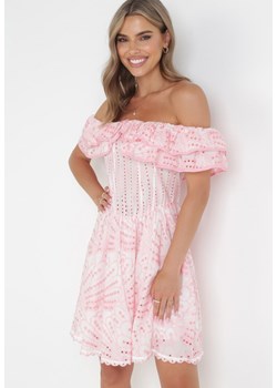 Różowa Rozkloszowana Sukienka Mini Hiszpanka z Gumką w Pasie i Ozdobnym Haftem Lenia ze sklepu Born2be Odzież w kategorii Sukienki - zdjęcie 160904175