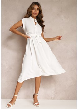 Biała Sukienka Midi z Guzikami i Materiałowym Paskiem Nylalik ze sklepu Renee odzież w kategorii Sukienki - zdjęcie 160907329