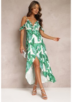 Zielona Sukienka z Opadającą Falbanką na Ramiona i Kopertowym Dołem Xandetria ze sklepu Renee odzież w kategorii Sukienki - zdjęcie 160907335