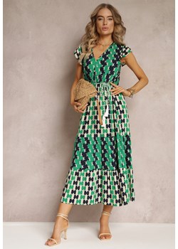 Zielona Wiskozowa Sukienka Maxi z Gumką w Talii i Falbankami przy Ramionach Baldise ze sklepu Renee odzież w kategorii Sukienki - zdjęcie 160920625