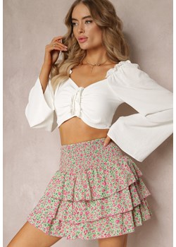 Jasnozielona Rozkloszowana Spódnica Mini w Kwiaty z Gumkami w Talii i Falbanami Ademelina ze sklepu Renee odzież w kategorii Spódnice - zdjęcie 160920775