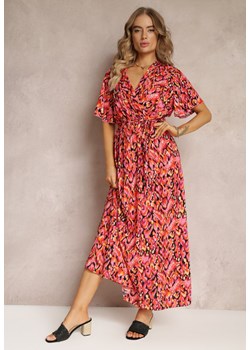 Pomarańczowa Kopertowa Sukienka Maxi z Metalicznym Nadrukiem i Gumką w Talii Manfre ze sklepu Renee odzież w kategorii Sukienki - zdjęcie 160923609