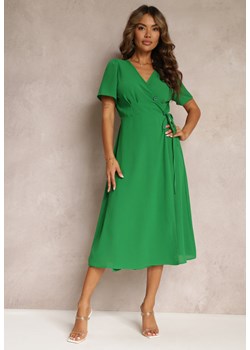 Zielona Sukienka Midi z Kopertowym Dekoltem i Wiązaniem w Pasie Elisanu ze sklepu Renee odzież w kategorii Sukienki - zdjęcie 160936199