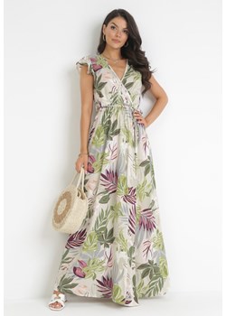 Beżowo-Zielona Sukienka Maxi z Kopertowym Dekoltem w Kwiaty Nasham ze sklepu Born2be Odzież w kategorii Sukienki - zdjęcie 160955897