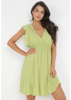 Zielona Rozkloszowana Wiskozowa Sukienka Mini z Ozdobnymi Falbankami Onera ze sklepu Born2be Odzież w kategorii Sukienki - zdjęcie 160958066