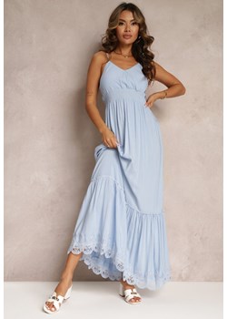 Niebieska Rozkloszowana Sukienka Maxi na Cienkich Ramiączkach z Gumką w Talii i Kopertowym Dekoltem Onveva ze sklepu Renee odzież w kategorii Sukienki - zdjęcie 160967165