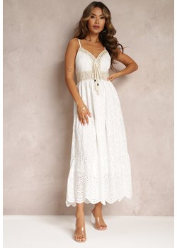 Biała Haftowana Sukienka z Bawełny na Cienkich Ramiączkach Ozdobiona Cekinami Helatia ze sklepu Renee odzież w kategorii Sukienki - zdjęcie 160970379