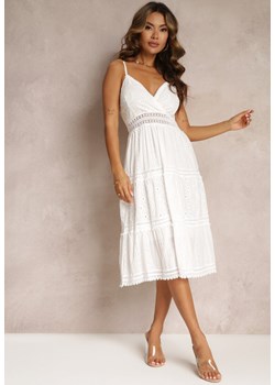 Biała Haftowana Sukienka na Ramiączkach z Falbaną Eleanesa ze sklepu Renee odzież w kategorii Sukienki - zdjęcie 160970389