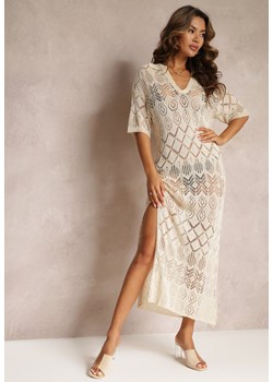 Beżowa Szydełkowa Sukienka Pudełkowa z Rozcięciem Sanzari ze sklepu Renee odzież w kategorii Sukienki - zdjęcie 160970419