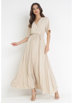 Beżowa Sukienka Plisowana Maxi z Wiązanym Paskiem Dianiza ze sklepu Born2be Odzież w kategorii Sukienki - zdjęcie 160970676