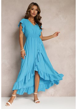 Niebieska Kopertowa Sukienka z Wiskozy Ozdobiona Falbanką Carnovie ze sklepu Renee odzież w kategorii Sukienki - zdjęcie 160973078