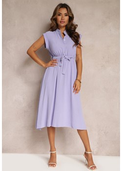 Fioletowa Sukienka Midi z Guzikami i Materiałowym Paskiem Nylalik ze sklepu Renee odzież w kategorii Sukienki - zdjęcie 160973155