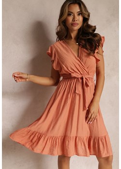 Pomarańczowa Rozkloszowana Sukienka z Gumką w Pasie i Kopertowym Dekoltem Araunya ze sklepu Renee odzież w kategorii Sukienki - zdjęcie 161011615