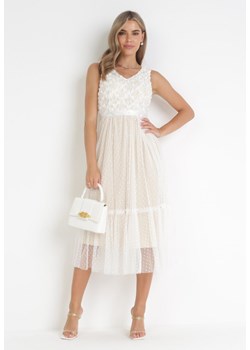 Biała Rozkloszowana Sukienka Midi z Ozdobnym Tiulem Celaina ze sklepu Born2be Odzież w kategorii Sukienki - zdjęcie 161013376