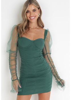 Ciemnozielona Dopasowana Sukienka Mini Ozdobiona Przeźroczystym Tiulem Sirgit ze sklepu Born2be Odzież w kategorii Sukienki - zdjęcie 161013519