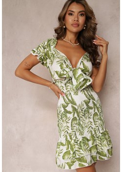 Zielona Dopasowana Sukienka z Wiązaniem przy Dekolcie i Falbankami Kese ze sklepu Renee odzież w kategorii Sukienki - zdjęcie 161036875