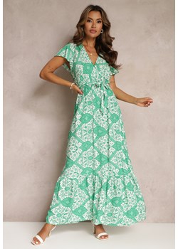 Zielona Rozkloszowana Sukienka z Kopertowym Dekoltem i Wiązanym Paskiem Brynis ze sklepu Renee odzież w kategorii Sukienki - zdjęcie 161037547