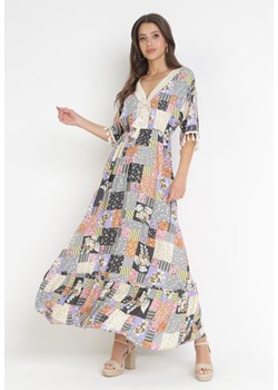Szaro-Czarna Rozkloszowana Sukienka Maxi w Patchworkowy Wzór Daliah ze sklepu Born2be Odzież w kategorii Sukienki - zdjęcie 161037665