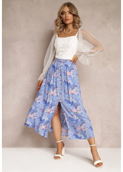 Niebieska Długa Spódnica z Gumką w Talii i Guzikami z Wiskozy w Kwiaty Corauni ze sklepu Renee odzież w kategorii Spódnice - zdjęcie 161039685