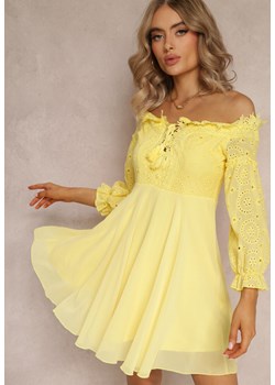 Żółta Sukienka z Rękawami 7/8 i Ozdobną Koronką Cascantha ze sklepu Renee odzież w kategorii Sukienki - zdjęcie 161039755
