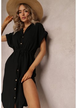 Czarna Midi Sukienka z Wiskozy na Guzki Ściągana Troczkiem Blamise ze sklepu Renee odzież w kategorii Sukienki - zdjęcie 161039785