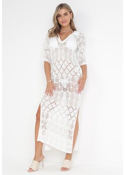 Biała Szydełkowa Sukienka Maxi z Rozcięciem Zanca ze sklepu Born2be Odzież w kategorii Sukienki - zdjęcie 161039978