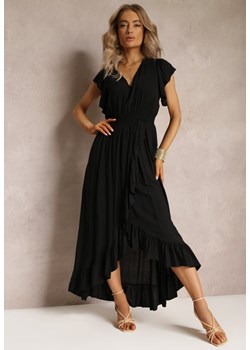 Czarna Kopertowa Sukienka z Wiskozy Ozdobiona Falbanką Carnovie ze sklepu Renee odzież w kategorii Sukienki - zdjęcie 161042528