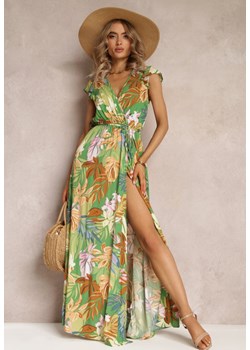 Zielona Rozkloszowana Sukienka Maxi z Wiskozy w Kwiaty Shalu ze sklepu Renee odzież w kategorii Sukienki - zdjęcie 161042578