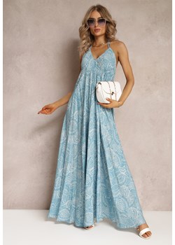 Niebieska Rozkloszowana Sukienka Wiązana na Szyi z Wiskozy Frederica ze sklepu Renee odzież w kategorii Sukienki - zdjęcie 161042668