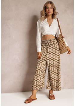 Jasnobrązowe Szerokie Spodnie z Wiskozy w Kwiaty Ramit ze sklepu Renee odzież w kategorii Spodnie damskie - zdjęcie 161042738