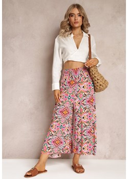 Różowe Szerokie Spodnie w Fantazyjny Print o Długości 7/8 Saru ze sklepu Renee odzież w kategorii Spodnie damskie - zdjęcie 161042748